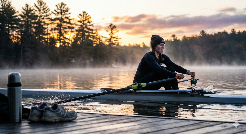 Rower demonstrating rowing motivation by training early morning using values-based approach