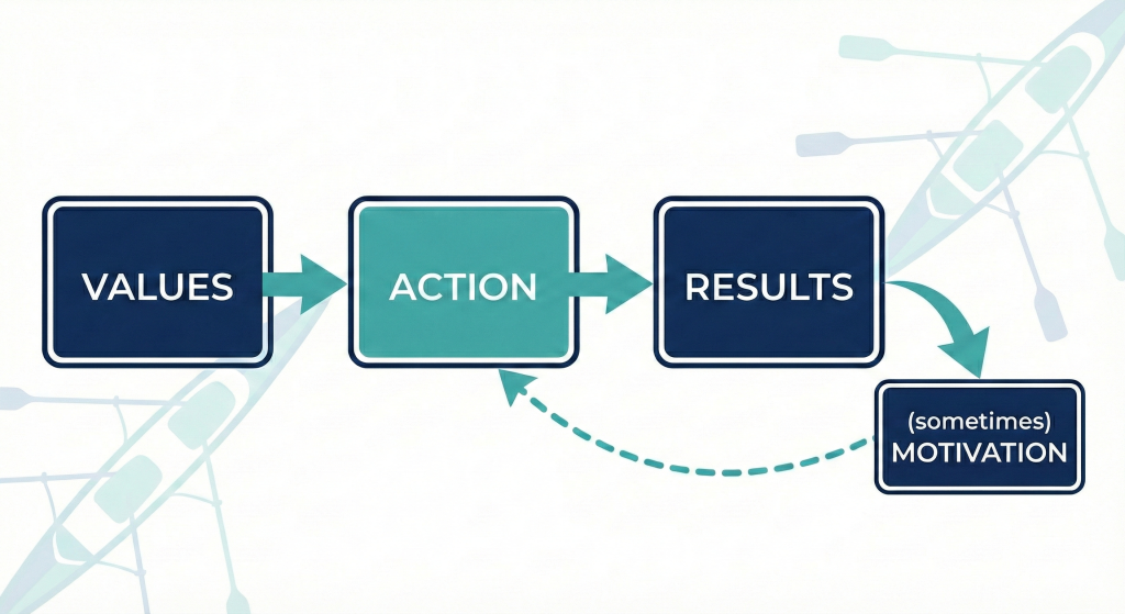 Rowing motivation equation diagram showing how values drive action independent of feelings