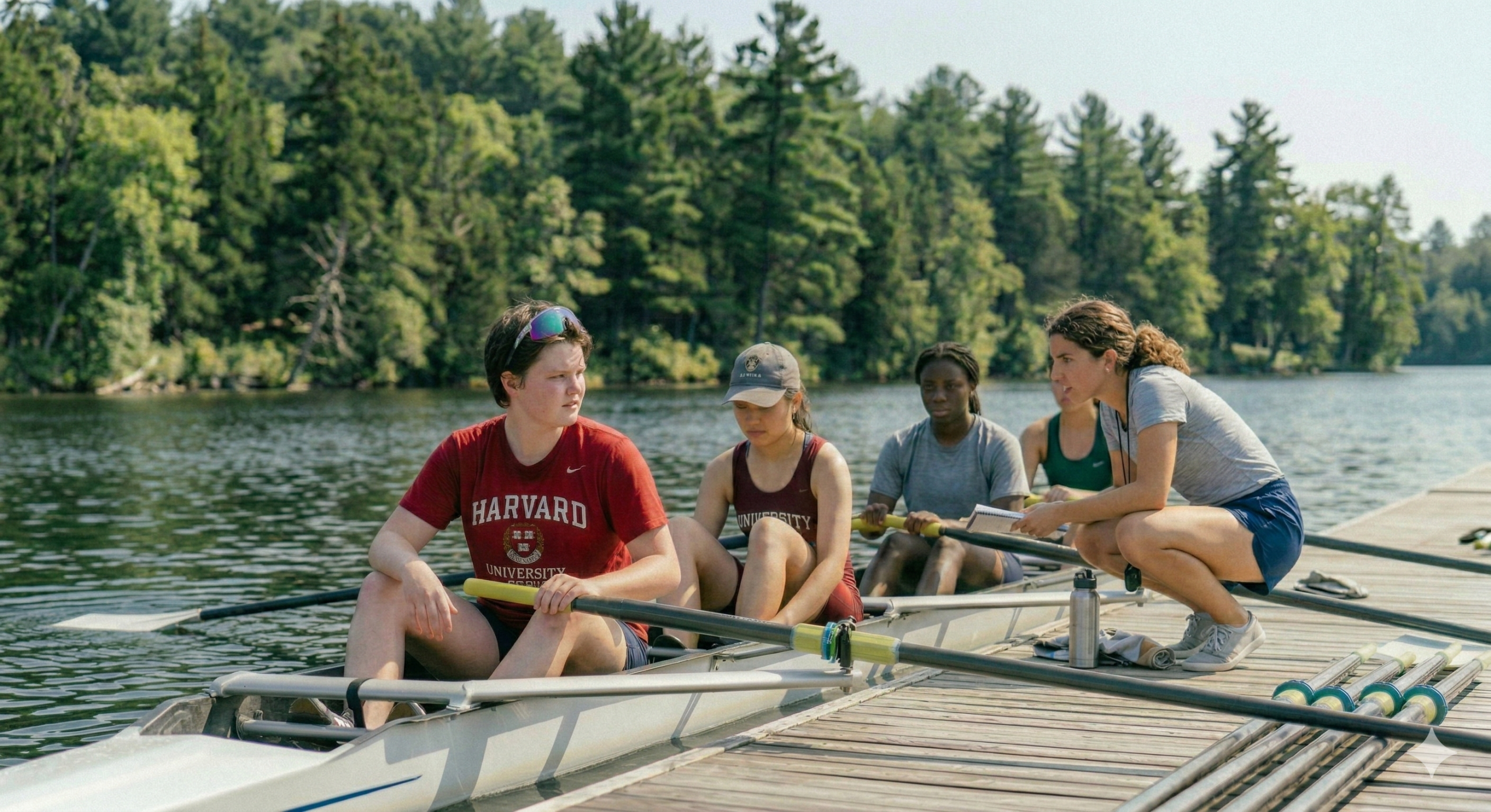 Female collegiate rowers sitting in a shell docked at the water's edge after spring break rowing practice, listening to a coach crouched on the dock with a notebook. A candid moment of mental training and reflection between pieces, with trees and calm water in the background.